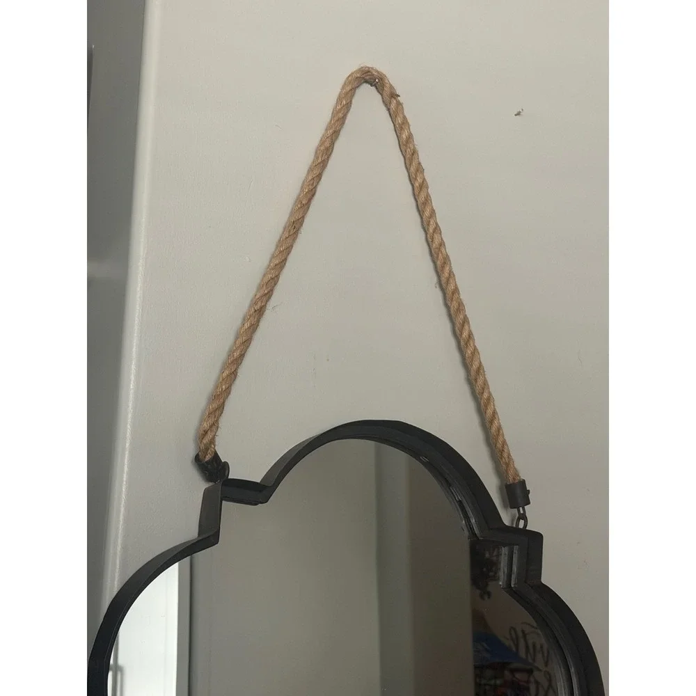Quatrefoil Wall Mirror Black Metal Frame with Jute Rope Hanger Rustic 14